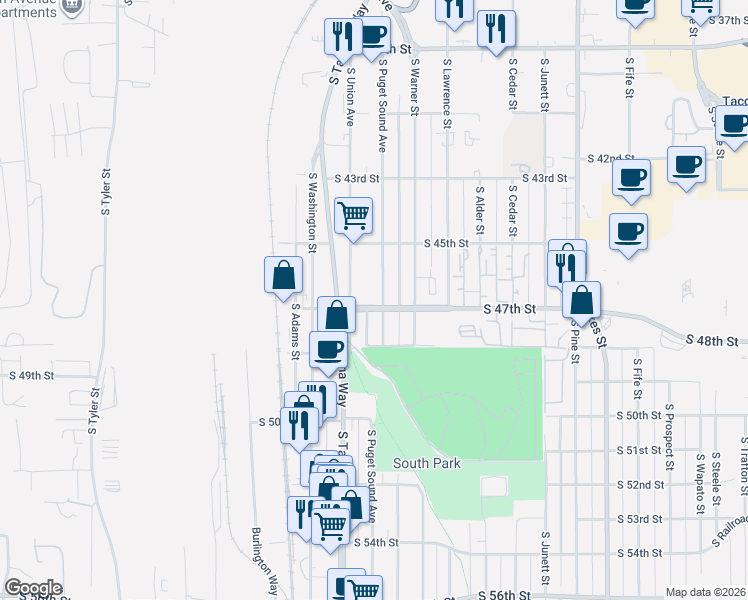 map of restaurants, bars, coffee shops, grocery stores, and more near 4538 South Puget Sound Avenue in Tacoma