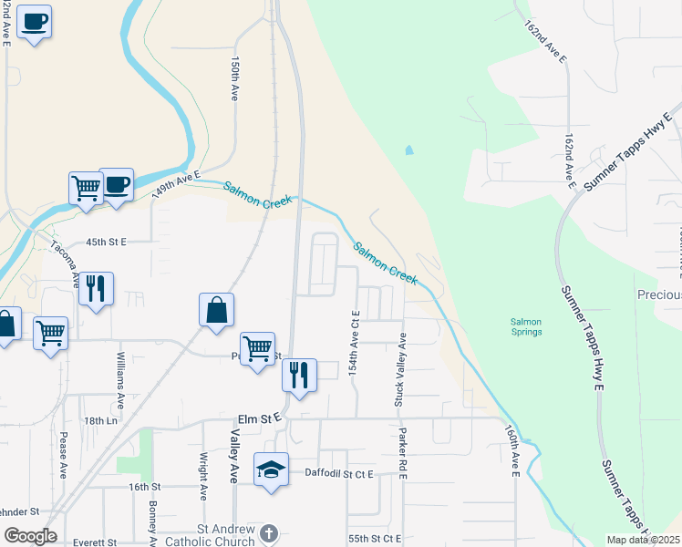 map of restaurants, bars, coffee shops, grocery stores, and more near 15324 45th Street Court East in Sumner