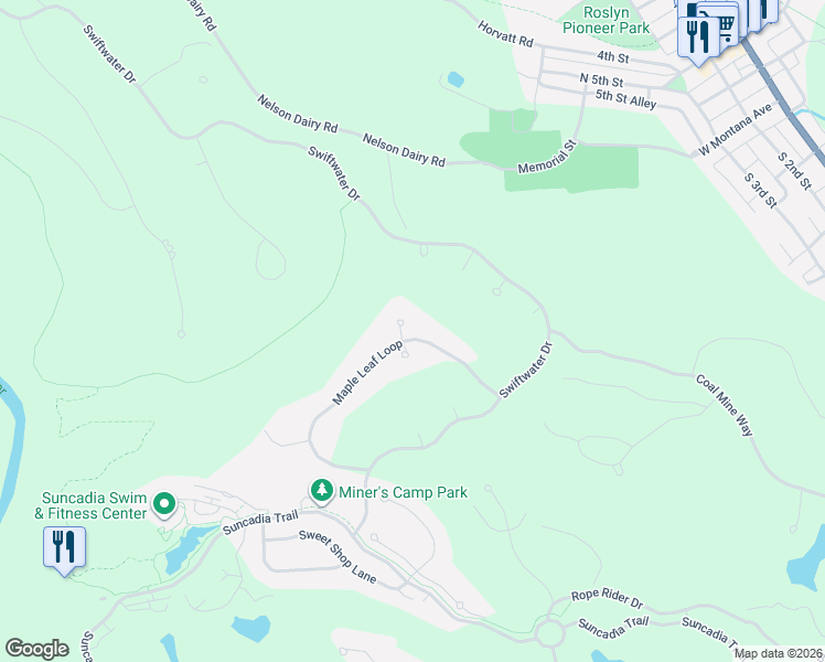 map of restaurants, bars, coffee shops, grocery stores, and more near 70 Lily Court in Cle Elum