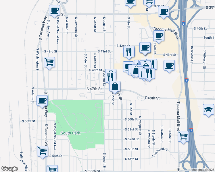 map of restaurants, bars, coffee shops, grocery stores, and more near 4547 South Junett Street in Tacoma