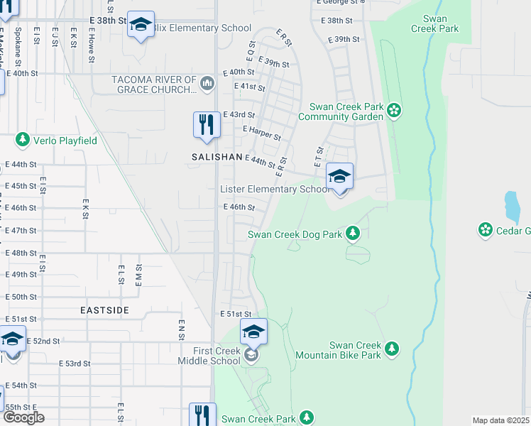 map of restaurants, bars, coffee shops, grocery stores, and more near 4602 East R Street in Tacoma