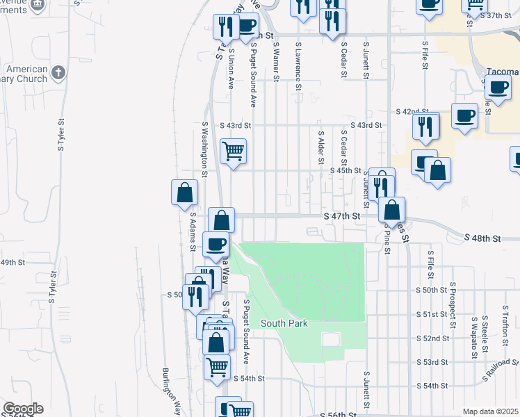 map of restaurants, bars, coffee shops, grocery stores, and more near 4534 South Warner Street in Tacoma