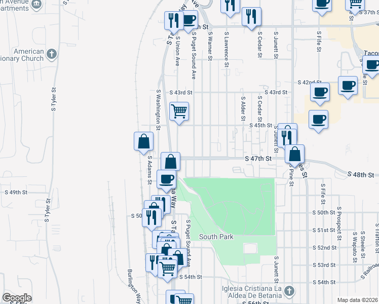 map of restaurants, bars, coffee shops, grocery stores, and more near 4538 South Puget Sound Avenue in Tacoma