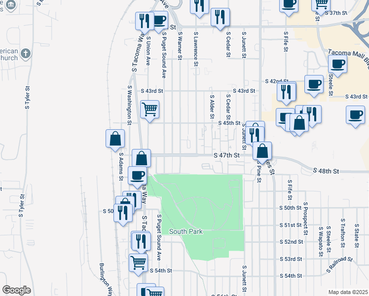 map of restaurants, bars, coffee shops, grocery stores, and more near 4536 South Lawrence Street in Tacoma