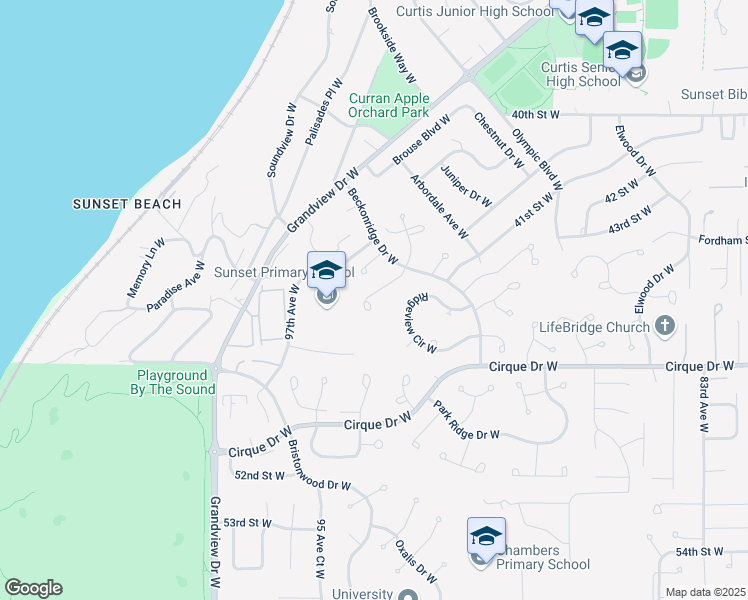 map of restaurants, bars, coffee shops, grocery stores, and more near 4601 Merry Lane West in University Place