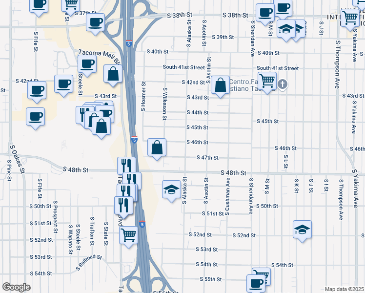 map of restaurants, bars, coffee shops, grocery stores, and more near 4602 South Alaska Street in Tacoma