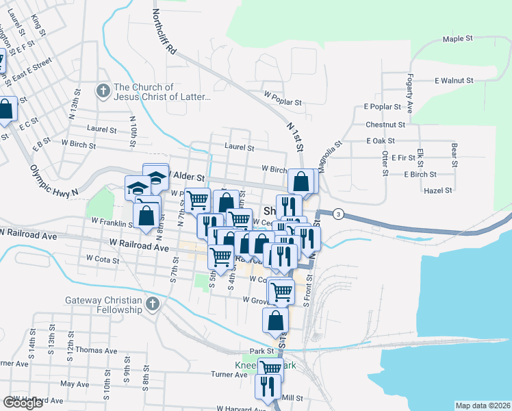 map of restaurants, bars, coffee shops, grocery stores, and more near 403 North 3rd Street in Shelton