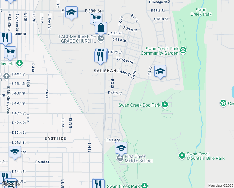 map of restaurants, bars, coffee shops, grocery stores, and more near 1712 East 46th Street in Tacoma