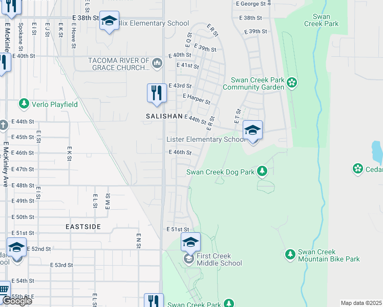 map of restaurants, bars, coffee shops, grocery stores, and more near 1726 East 46th Street in Tacoma