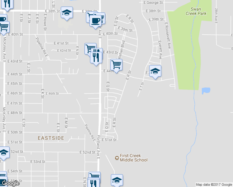 map of restaurants, bars, coffee shops, grocery stores, and more near 1726 East 46th Street in Tacoma
