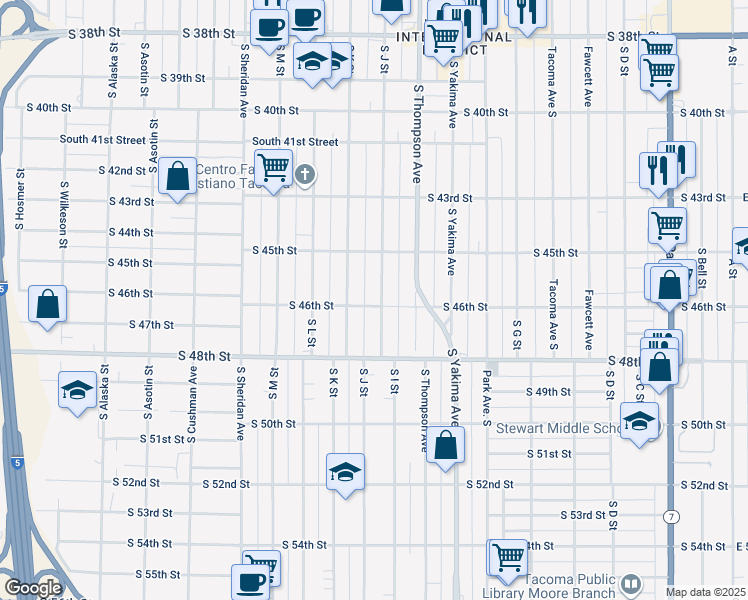 map of restaurants, bars, coffee shops, grocery stores, and more near 4540 South J Street in Tacoma