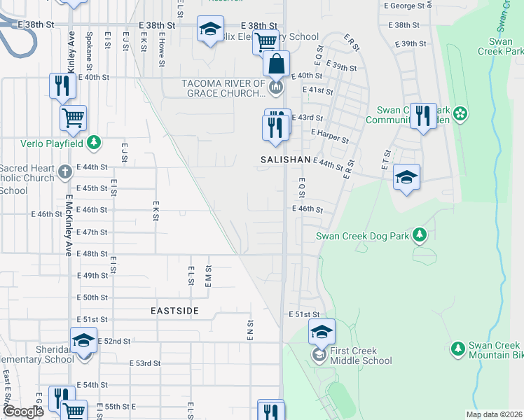 map of restaurants, bars, coffee shops, grocery stores, and more near 1429 East 46th Street in Tacoma