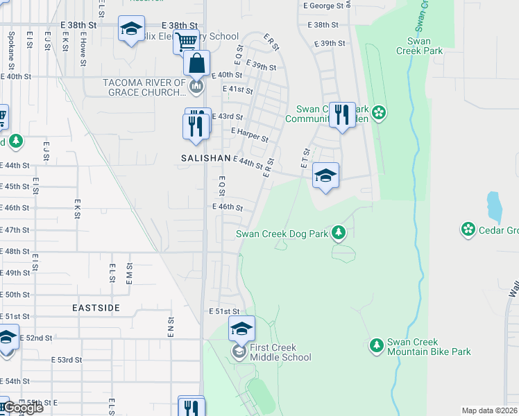 map of restaurants, bars, coffee shops, grocery stores, and more near 4471 East R Street in Tacoma