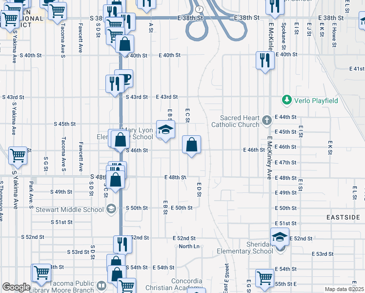 map of restaurants, bars, coffee shops, grocery stores, and more near 219 East 46th Street in Tacoma