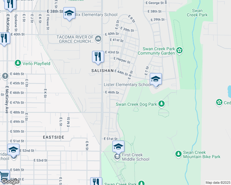 map of restaurants, bars, coffee shops, grocery stores, and more near 1712 East 46th Street in Tacoma