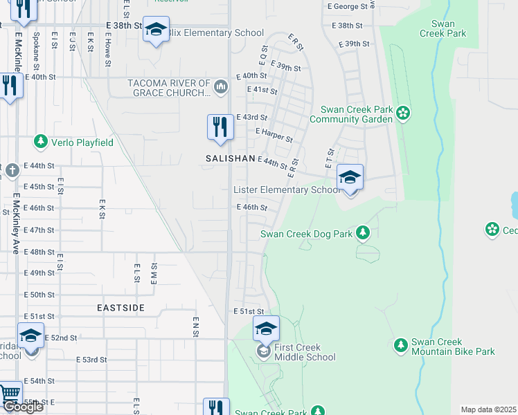 map of restaurants, bars, coffee shops, grocery stores, and more near 1710 East 46th Street in Tacoma
