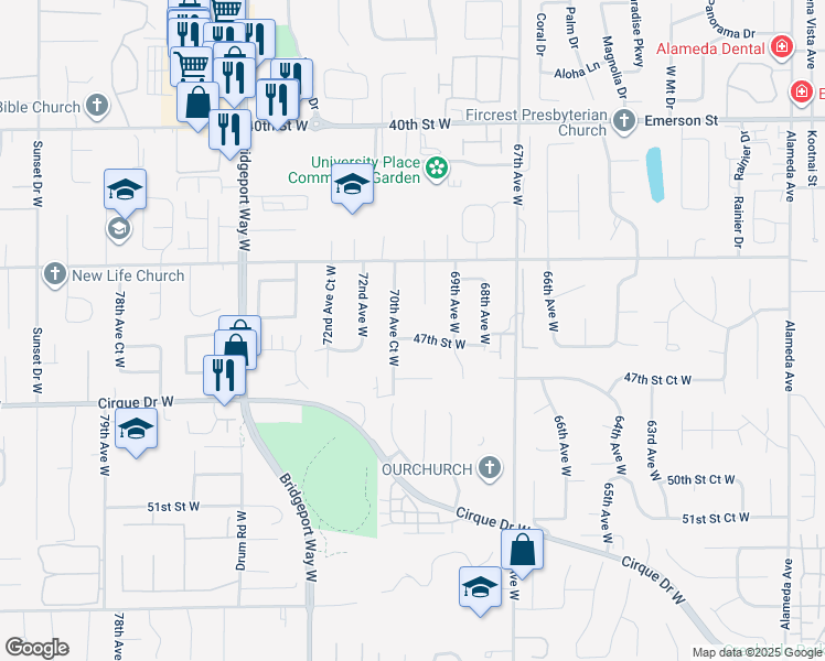 map of restaurants, bars, coffee shops, grocery stores, and more near 7005 47th Street West in University Place