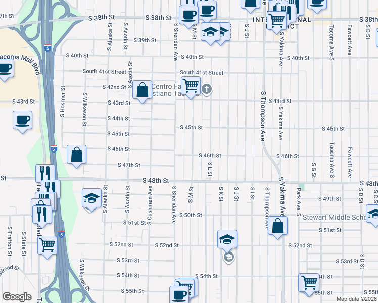 map of restaurants, bars, coffee shops, grocery stores, and more near 4540 South M Street in Tacoma