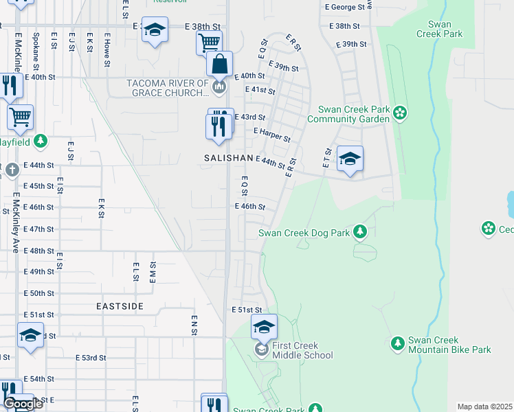 map of restaurants, bars, coffee shops, grocery stores, and more near 1710 East 46th Street in Tacoma
