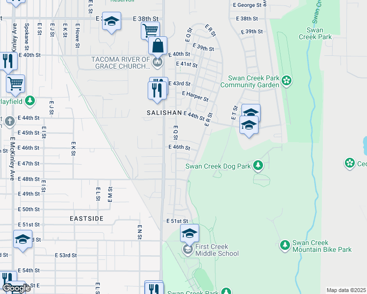 map of restaurants, bars, coffee shops, grocery stores, and more near 1706 East 46th Street in Tacoma
