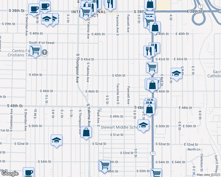 map of restaurants, bars, coffee shops, grocery stores, and more near 4535 S G St in Tacoma