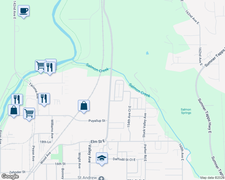 map of restaurants, bars, coffee shops, grocery stores, and more near 4526 152nd Avenue Court East in Sumner