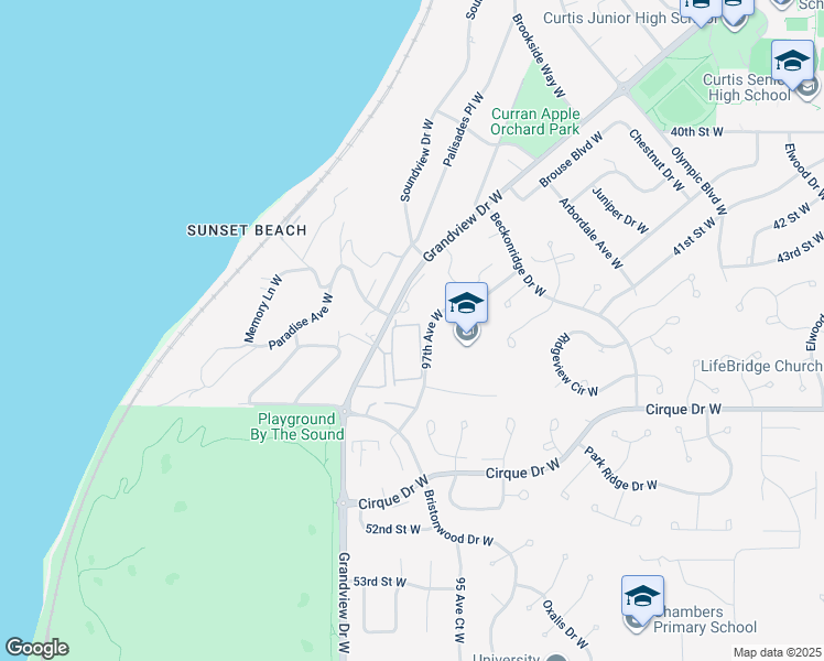 map of restaurants, bars, coffee shops, grocery stores, and more near 4501 Grandview Drive West in University Place