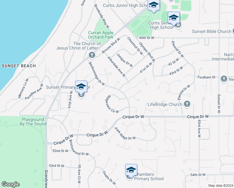 map of restaurants, bars, coffee shops, grocery stores, and more near 9007 Ridgeview Circle West in Tacoma