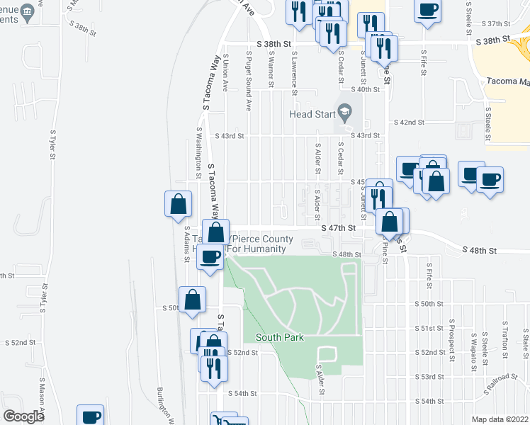 map of restaurants, bars, coffee shops, grocery stores, and more near 4534 South Warner Street in Tacoma