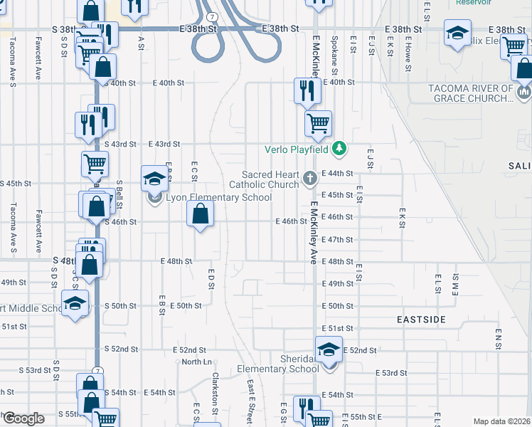 map of restaurants, bars, coffee shops, grocery stores, and more near 4534 East F Street in Tacoma