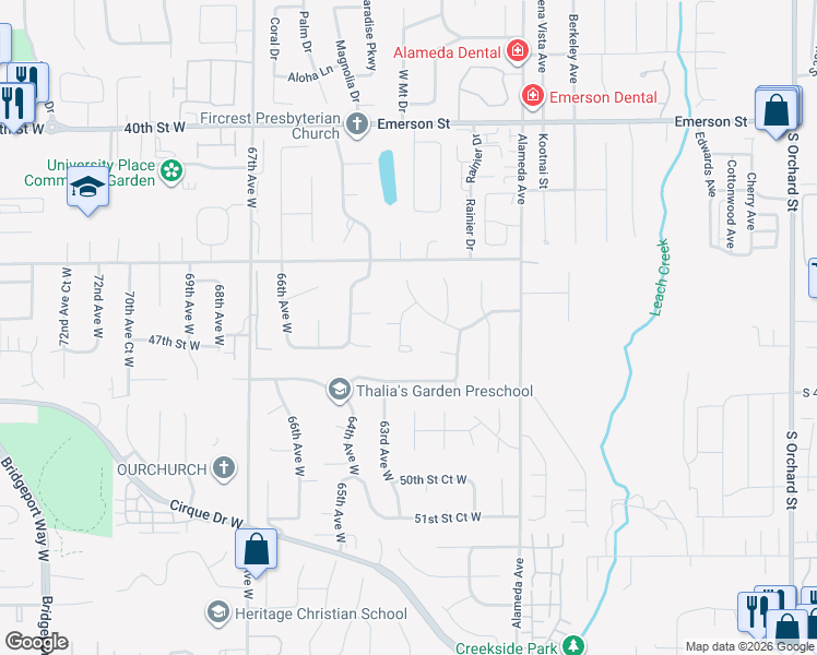 map of restaurants, bars, coffee shops, grocery stores, and more near 4529 62nd Avenue West in University Place