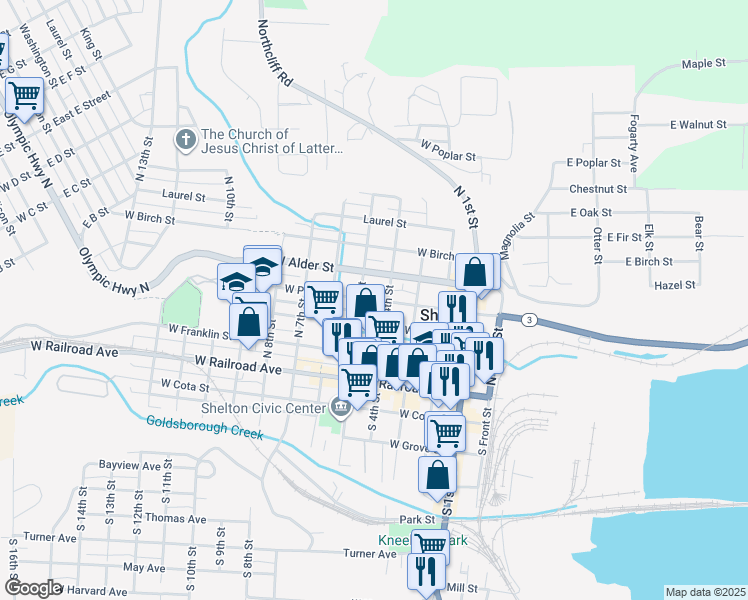 map of restaurants, bars, coffee shops, grocery stores, and more near 411 North 4th Street in Shelton