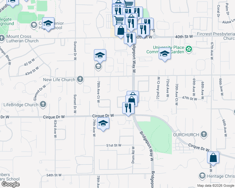 map of restaurants, bars, coffee shops, grocery stores, and more near 4502 76th Avenue West in University Place