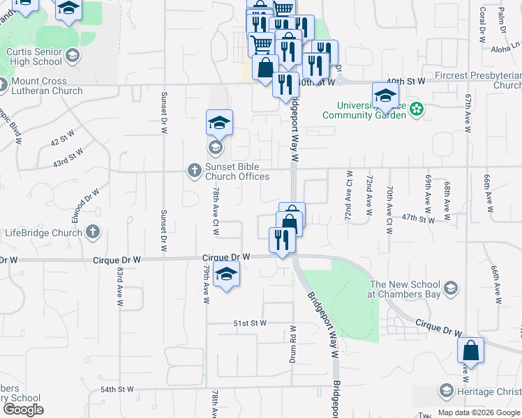 map of restaurants, bars, coffee shops, grocery stores, and more near 4502 76th Avenue West in University Place