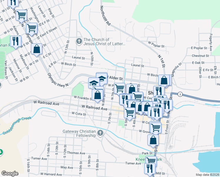 map of restaurants, bars, coffee shops, grocery stores, and more near 711 West Pine Street in Shelton
