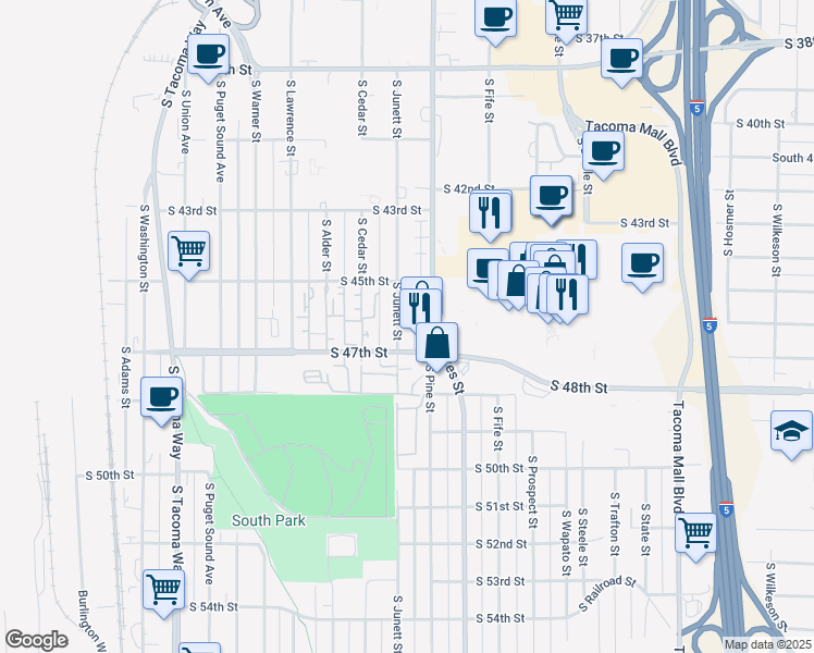 map of restaurants, bars, coffee shops, grocery stores, and more near 4535 South Junett Street in Tacoma
