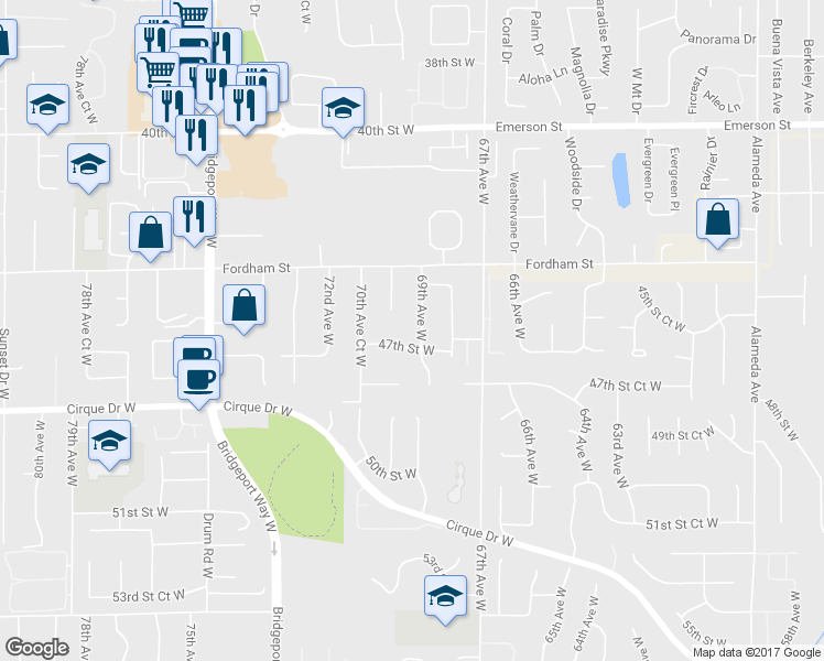 map of restaurants, bars, coffee shops, grocery stores, and more near 4602 69th Avenue West in University Place