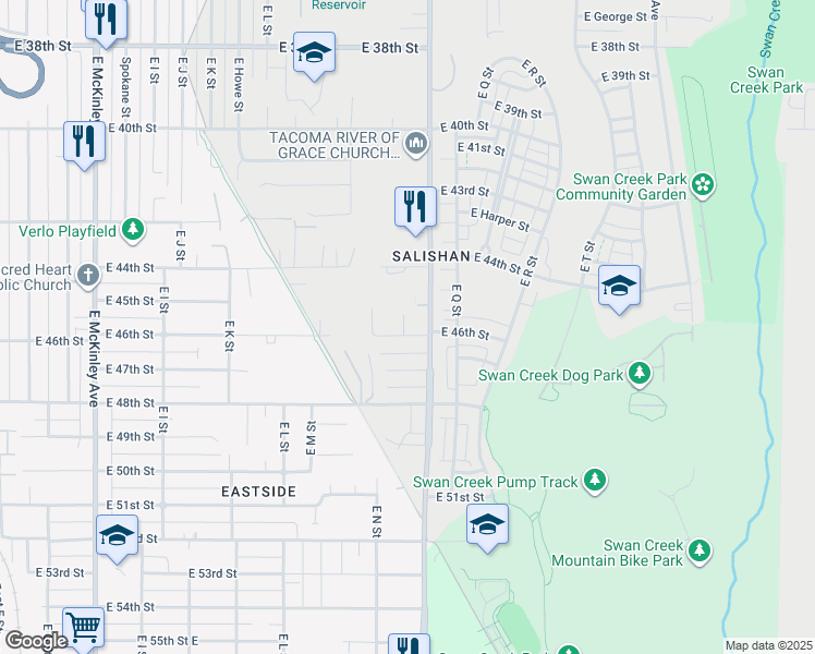 map of restaurants, bars, coffee shops, grocery stores, and more near 1429 East 46th Street in Tacoma
