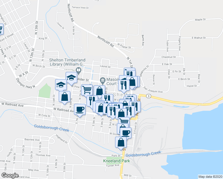 map of restaurants, bars, coffee shops, grocery stores, and more near 403 North 3rd Street in Shelton