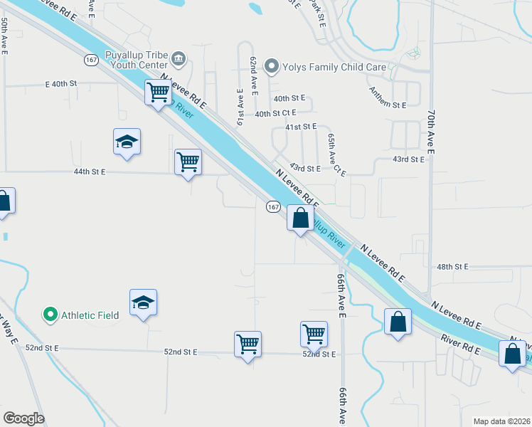 map of restaurants, bars, coffee shops, grocery stores, and more near 4517 62nd Avenue East in Puyallup