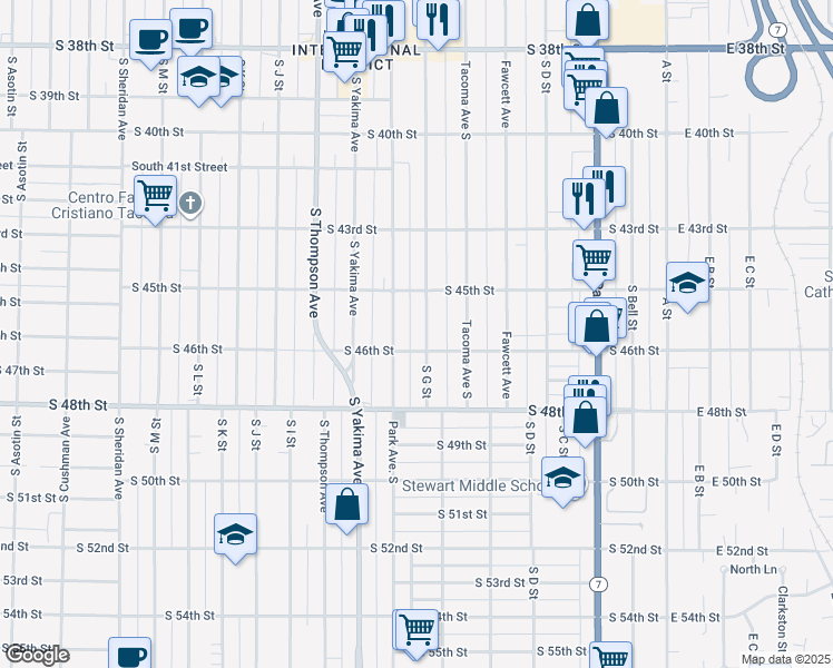 map of restaurants, bars, coffee shops, grocery stores, and more near 4535 South G Street in Tacoma