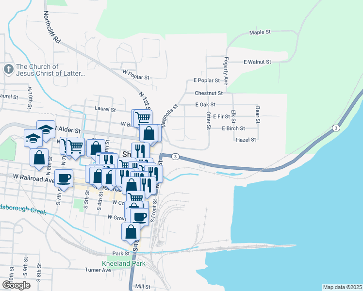 map of restaurants, bars, coffee shops, grocery stores, and more near 310 San Joaquin Avenue in Shelton