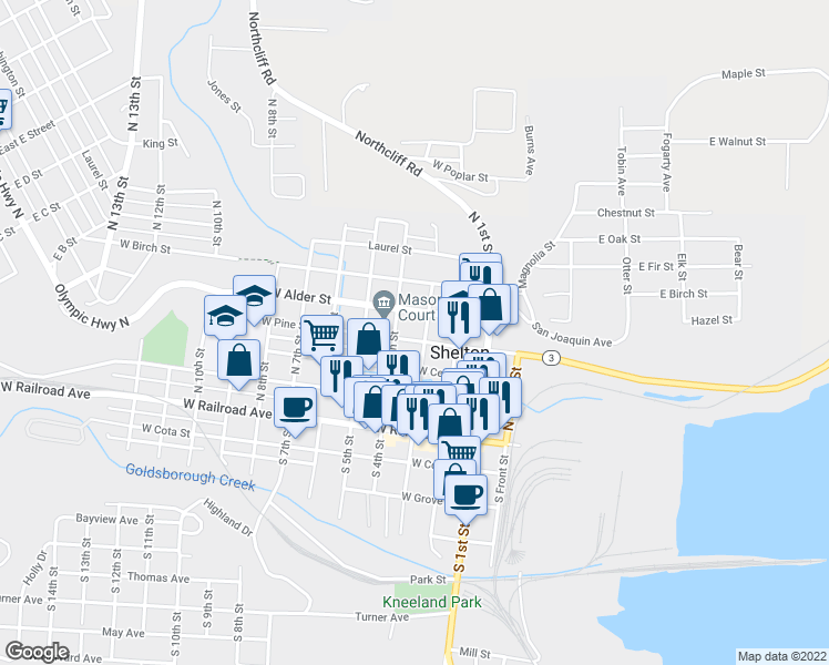 map of restaurants, bars, coffee shops, grocery stores, and more near 312 West Pine Street in Shelton