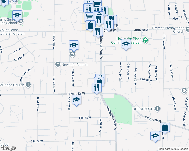 map of restaurants, bars, coffee shops, grocery stores, and more near 4510 76th Avenue West in University Place