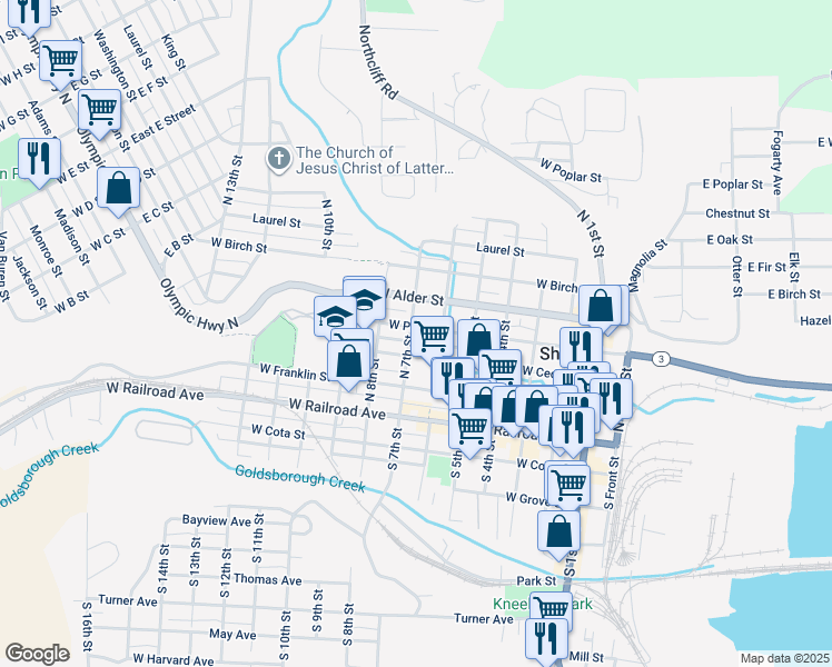 map of restaurants, bars, coffee shops, grocery stores, and more near 629 West Pine Street in Shelton