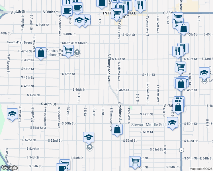 map of restaurants, bars, coffee shops, grocery stores, and more near 4532 South Thompson Avenue in Tacoma