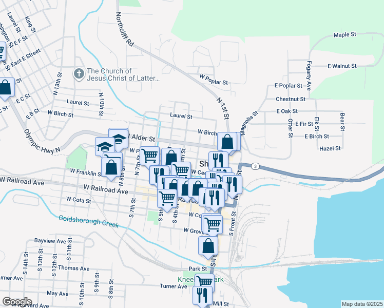 map of restaurants, bars, coffee shops, grocery stores, and more near 403 North 3rd Street in Shelton