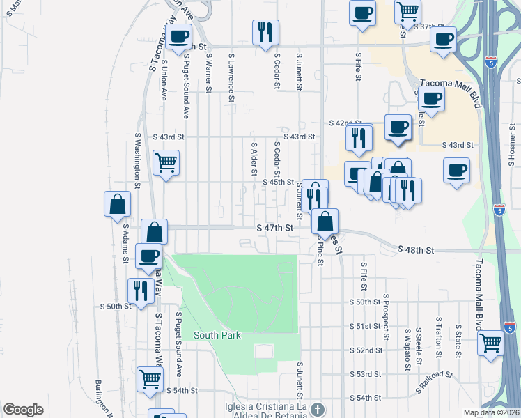 map of restaurants, bars, coffee shops, grocery stores, and more near 3105 South 47th Street in Tacoma