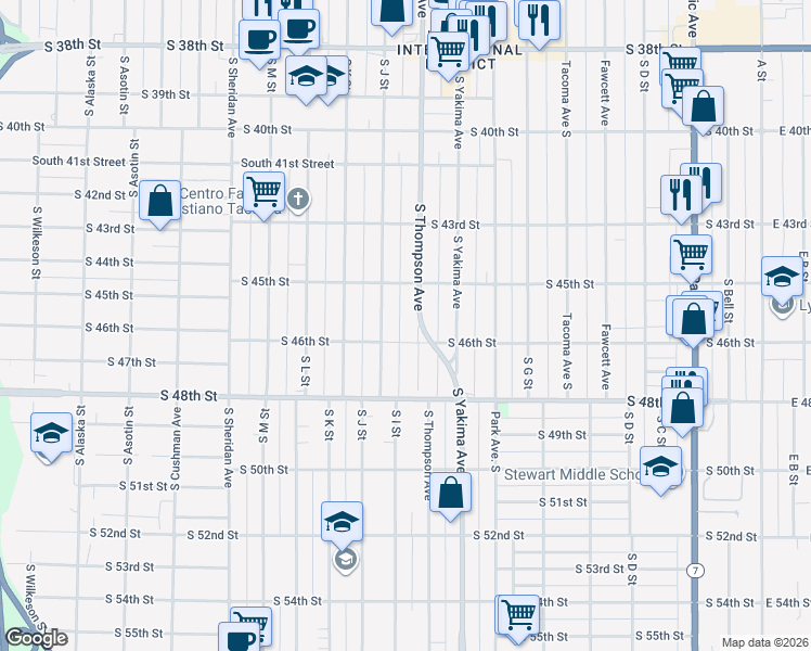 map of restaurants, bars, coffee shops, grocery stores, and more near 4532 South Thompson Avenue in Tacoma