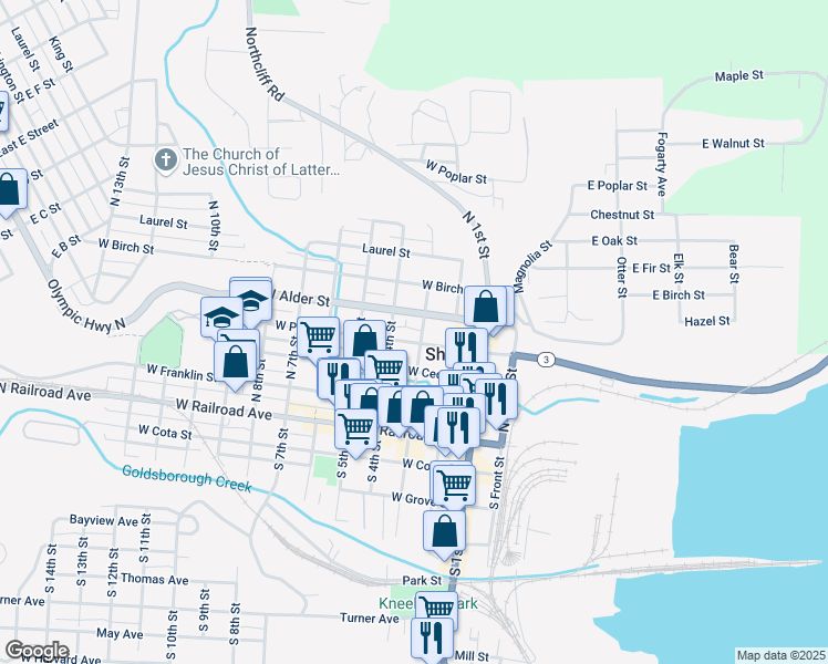 map of restaurants, bars, coffee shops, grocery stores, and more near 403 North 3rd Street in Shelton